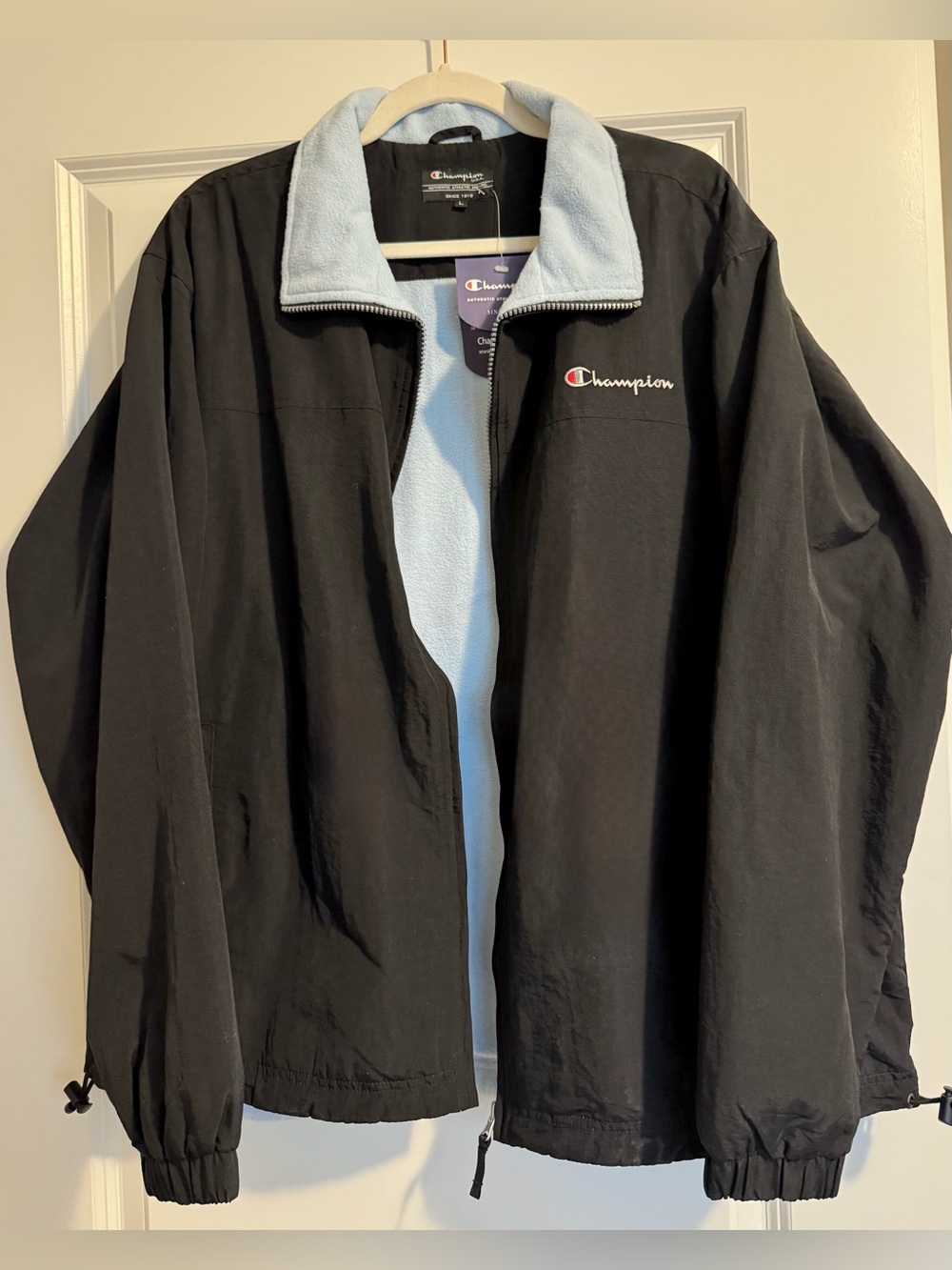Retro Champion Women’s Black Windbreaker with Light Blue Fleece Lining